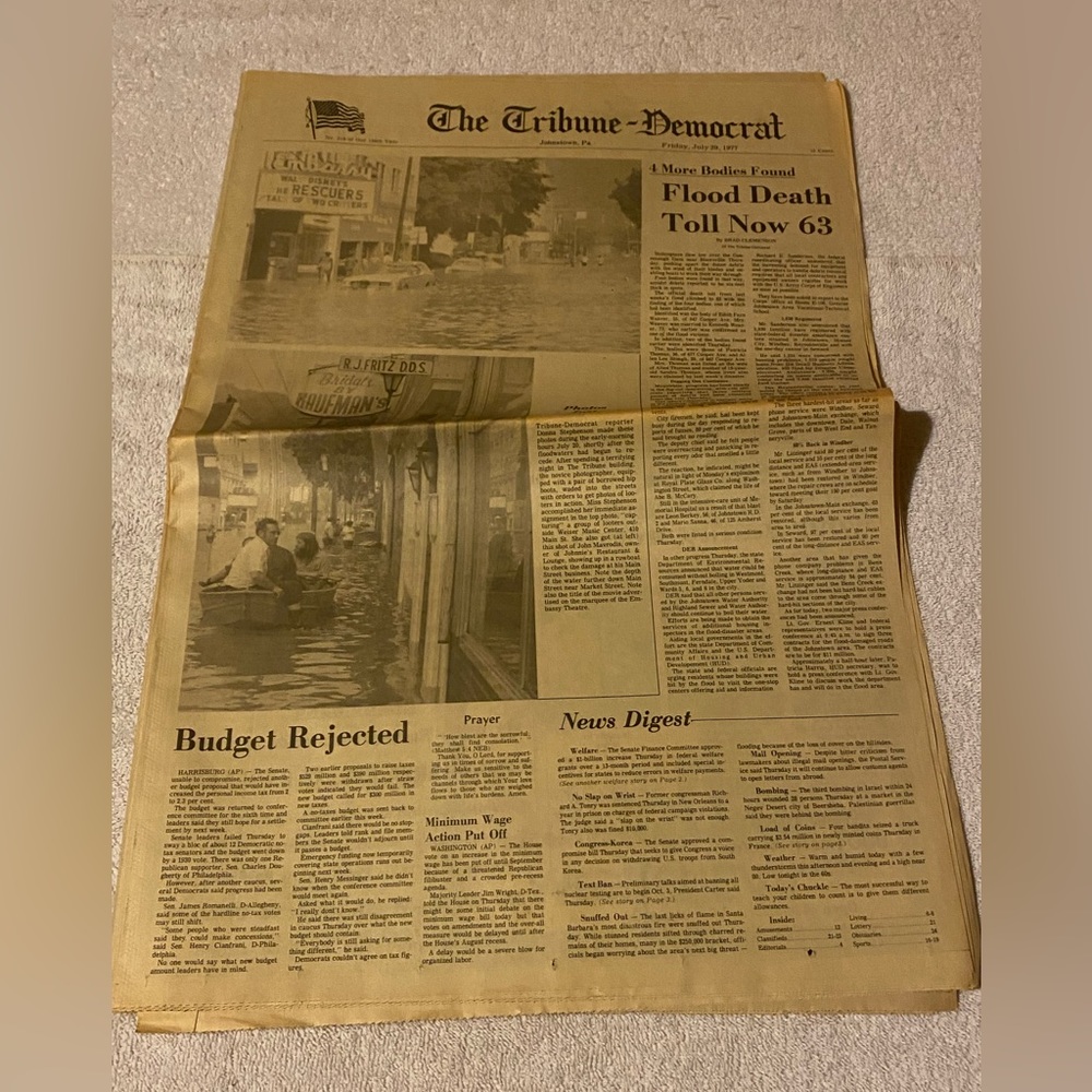 The Great Flood of 1977 Johnstown Newspaper July 29 1977